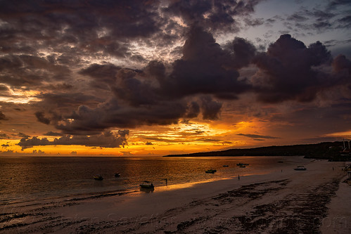 ocean sunset on bira beach, beach, boats, clouds, horizon, landscape, moored, ocean, pantai, sea, seascape, sunset sky