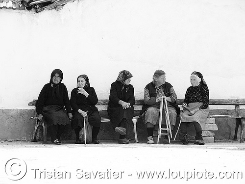old-bulgarian-women - sitting (bulgaria), bench, curb, old women, scarfs, sidewalk, sitting, българия
