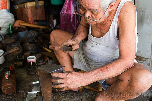 old chinese man hammering metal plate in workshop, borneo, chinese, kuching, malaysia, man, manual worker, metal worker, working
