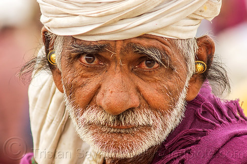 old hindu man with hairy ears (india), ear jewelry, ear piercing, gold earrings, hairy ears, headdress, hindu man, hindu pilgrimage, hinduism, indian man, kumbh mela, old man, turban, white beard
