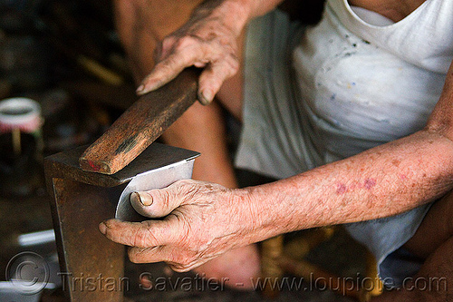 old man hammering metal plate in workshop, borneo, chinese, hands, kuching, malaysia, man, manual worker, metal worker, working