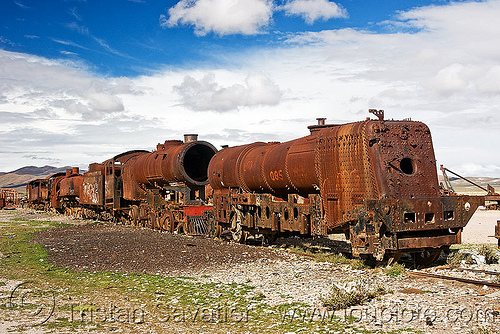 old rusty steam locomotives - train cemetery - uyuni (bolivia), bolivia, enfe, fca, railroad, railway, rusty, scrapyard, steam engine, steam locomotive, steam train engine, train cemetery, train graveyard, train junkyard, uyuni