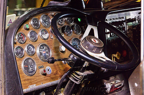 old-school truck cab with lots of dials, demolition, gauges, light rail, lorry, muni, night, ntk, railroad construction, railroad tracks, railway tracks, san francisco municipal railway, steering wheel, track maintenance, track work, truck cab, trucking