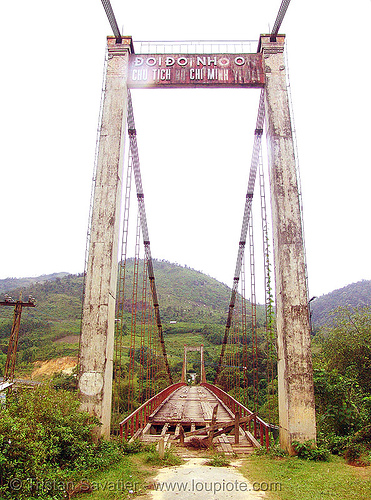 old suspension bridge, disused - vietnam, red, suspension bridge