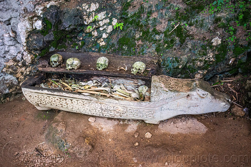 old toraja erong coffin with human bones and skulls - kete-kesu traditional toraja burial site, cemetery, erong coffin, grave, graveyard, human bones, human skulls, kete kesu burial site, liang, tana toraja, tomb
