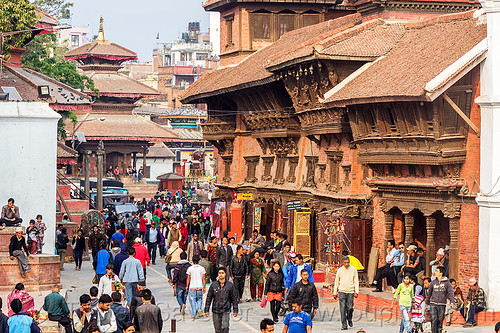 old traditional nepali houses with newar windows in kathmandu, brick, crowd, durbar square, kathmandu, old house, wooden