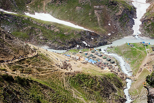 one of the camps on the trail - amarnath yatra (pilgrimage) - kashmir, amarnath yatra, camp, encampment, hindu pilgrimage, kashmir, mountain river, mountain trail, mountains, pilgrims, river bed, snow, tents, valley