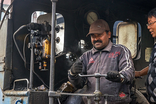 operator at the controls of steam locomotive - darjeeling (india), 782 mountaineer, controls, darjeeling himalayan railway, darjeeling toy train, men, narrow gauge, operator, railroad, steam engine, steam locomotive, steam train engine