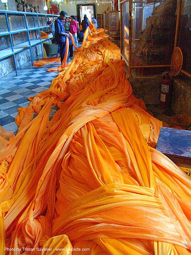 orange clothing in giant golden buddha chinese temple - สุโขทัย - sukhothai - thailand, bhagwa, chinese, cloth, colorful, orange, saffron color, sukhothai, temple, wat, สุโขทัย