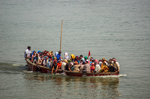 overcrowded boat on the ganges river - hindu pilgrims (varanasi), crowd, ganga, ganges river, hindu, hinduism, overcrowded boat, pilgrims, river boat, varanasi