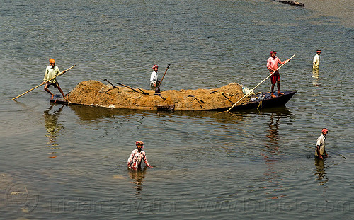 overloaded river boat loaded with sand (india), cargo, dahut river, freight, loaded, men, overloaded, poles, river boat, sand, shovels, small boat, transport, transporting, wading, walking, west bengal, workers, working