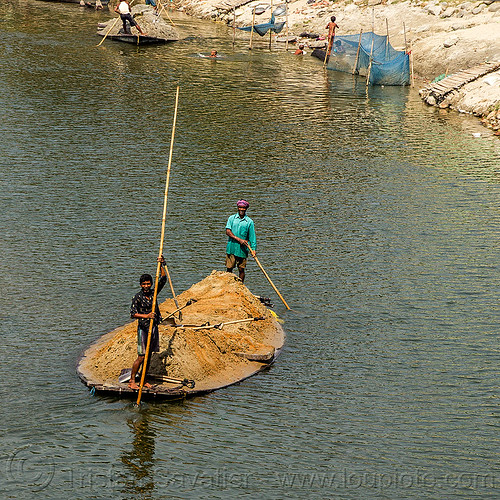 overloaded river boat transporting sand (india), cargo, dahut river, freight, india, loaded, men, overloaded, poles, river boat, sand, shovels, small boat, transport, transporting, west bengal, workers, working