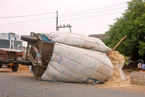 overturned overloaded farm trailer (india), crash, overload, overloaded, overturned, road, rollover, traffic accident, trailer, wreck