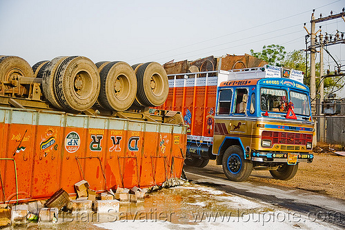 overturned semi truck accident - (india), artic, articulated lorry, crash, lorry accident, overturned truck, road, rollover, semi truck, semi-trailer, tata motors, tractor trailer, traffic accident, truck accident, up side down, wreck