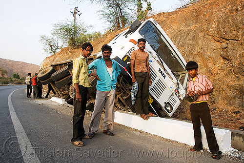 overturned truck (india), crash, ditch, lorry accident, men, overturned truck, road, tata motors, traffic accident, truck accident, wreck