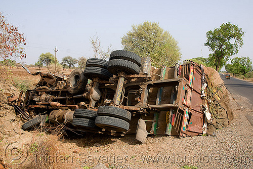overturned truck (india), crash, ditch, india, lorry, overturned truck, road, rollover, tata motors, traffic accident, truck accident, underbelly, wreck