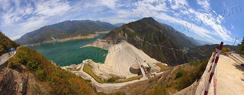 panorama of the tehri dam and lake (india), artificial lake, bhagirathi river, bhagirathi valley, hydro electric, landscape, mountains, reservoir, tehri dam, tehri lake