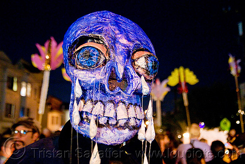 papier-mâché skull - giant puppet - dia de los muertos - halloween (san francisco), blue, day of the dead, dia de los muertos, halloween, mask, night, paint, paper mache, papier-mache, papier-mâché, tears