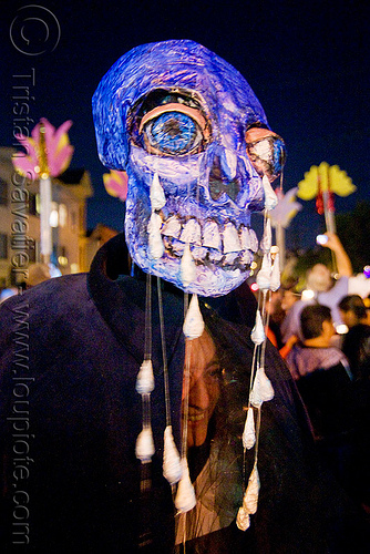 papier-mâché skull - giant puppet - dia de los muertos - halloween (san francisco), blue, day of the dead, dia de los muertos, halloween, mask, night, paint, paper mache, papier-mache, papier-mâché, tears