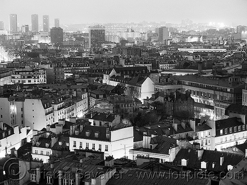 paris roofs aerial view, aerial photo, buildings, city, cityscape, houses, night, skyline