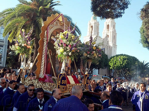 paso del señor de los milagros - catholic procession at mission dolores (san francisco), church, crowd, float, lord of miracles, mission dolores, mission san francisco de asís, painting, parade, paso de cristo, peruvians, sacred art, señor de los milagros