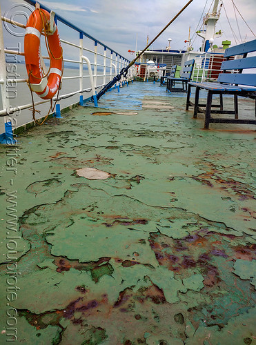 peeling paint on rusted ferryboat deck, deck, ferry, ferryboat, lifering, pain, rusty