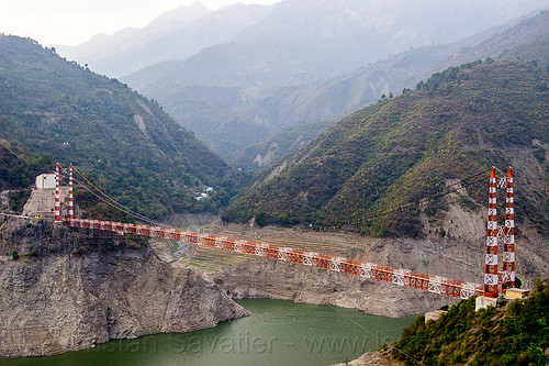 peepal dali suspension bridge over tehri reservoir (india), artificial lake, bhilangna valley, forest, mountains, peepal dali bridge, pipal dali bridge, red, reservoir, road, suspension bridge, tehri lake, white