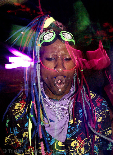 penny - man in rave outfit with el-wire - underground party (san francisco), night, raver outfits