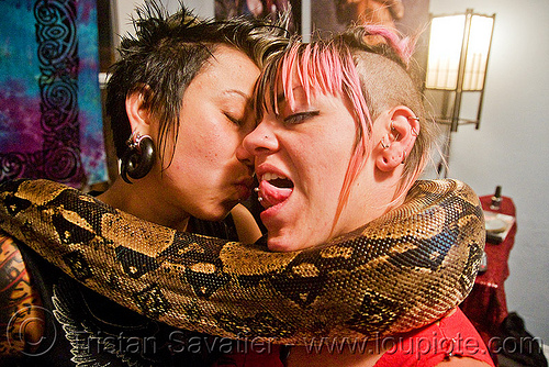 pet boa snake around melody and friend, boa constrictor, melody, pet snake, sticking out tongue, sticking tongue out, women