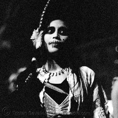 pia and dagger - dia de los muertos - halloween (san francisco), dagger, day of the dead, dia de los muertos, feathers, halloween, knife, makeup, necklace, night, p3200tmz, pia, pushed, tmax, woman