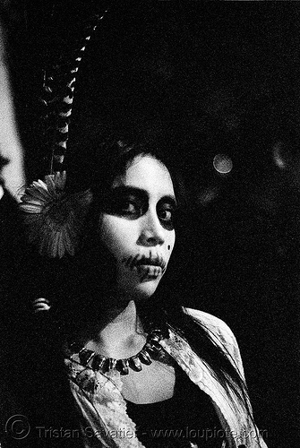 pia - dia de los muertos - halloween (san francisco), day of the dead, dia de los muertos, feathers, halloween, low key, makeup, necklace, night, p3200tmz, pia, pushed, tmax, woman