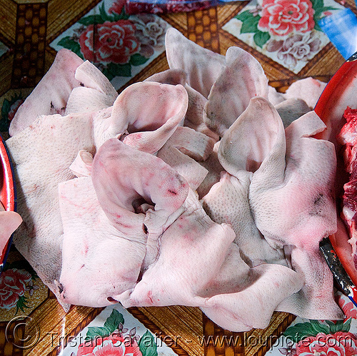 pig ears in meat market (laos), meat market, meat shop, pig ears, pork ears, raw meat