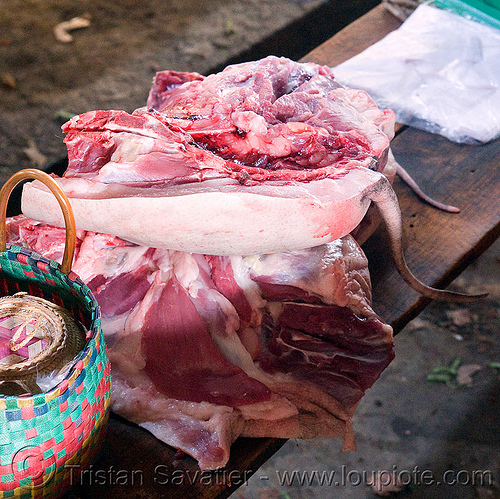 pig quarters in meat market (laos), meat market, meat shop, pig, pork, raw meat, tail