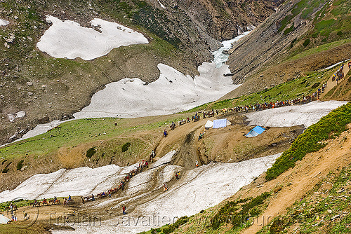 pilgrims on trail - amarnath yatra (pilgrimage) - kashmir, amarnath yatra, hindu pilgrimage, kashmir, mountain trail, mountains, pilgrims, snow patches, valley