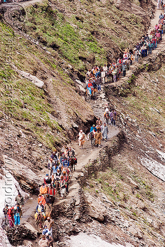 pilgrims on trail - amarnath yatra (pilgrimage) - kashmir, amarnath yatra, hindu pilgrimage, kashmir, mountain trail, mountains, pilgrims