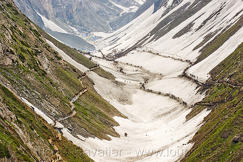 pilgrims on trails - valley - amarnath yatra (pilgrimage) - kashmir, amarnath yatra, hindu pilgrimage, kashmir, mountain trail, mountains, pilgrims, snow, v-shaped valley