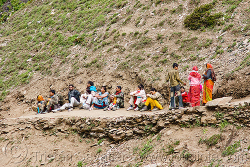 pilgrims resting on trail - amarnath yatra (pilgrimage) - kashmir, amarnath yatra, hiking, hindu pilgrimage, india, kashmir, mountain trail, mountains, pilgrims, resting, trekking