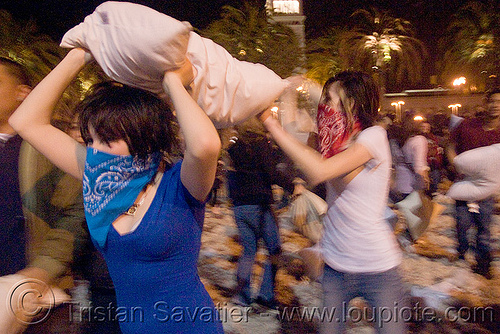 pillow attack - the blue and red bandana girls - the great san francisco pillow fight 2009 - olivia, bandana, down feathers, night, olivia, pillows, women, world pillow fight day