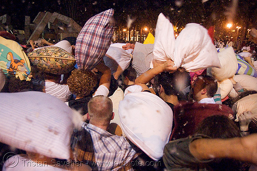pillow battle at the great san francisco pillow fight 2008, down feathers, night, pillows, world pillow fight day
