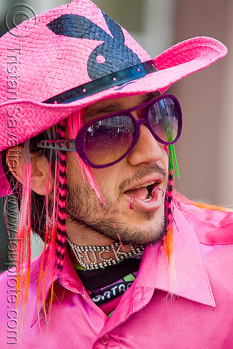 pink shirt - pink hat - rashy (san francisco), lip piercing, man, pink, playboy, purple sunglasses, rashy, snake bites piercing, straw hat