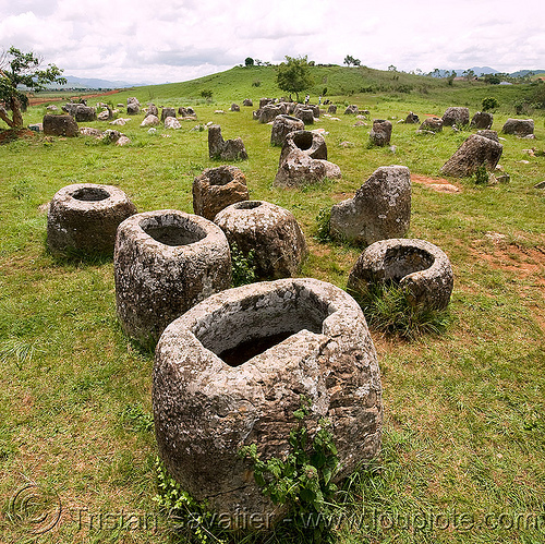 plain of jars (laos), archaeology, landscape, phonsavan, plain of jars, stone jars