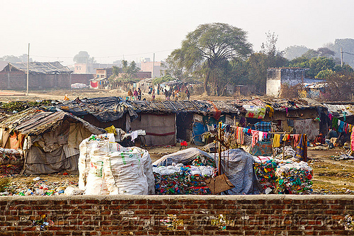 plastic recycling camp (india), bags, environment, garbage, plastic recycling, plastic trash, pollution, recyclers, recycling camp, shanty houses, village