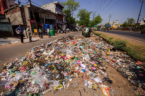 plastic trash dumped on india street, auto rickshaw, dump, environment, garbage, india, men, plastic trash, pollution, road, single-use plastics
