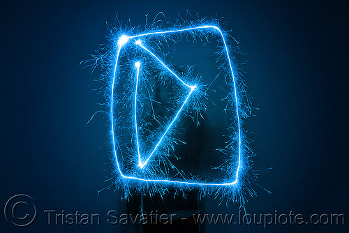 play button - light painting with a blue sparkler, blue, dark, icon, light drawing, light painting, play button, sarah, silhouette, sparklers, sparkles, symbol