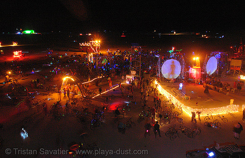 playa from above - burning man 2006, burning man at night, fire