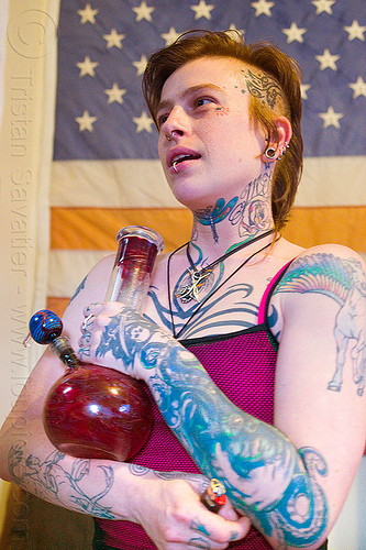pledge of allegiance - cannabis legalization in the US, american flag, bong, ganja, leah, smoking pot, tattooed, tattoos, us flag, water pipe, weed, woman