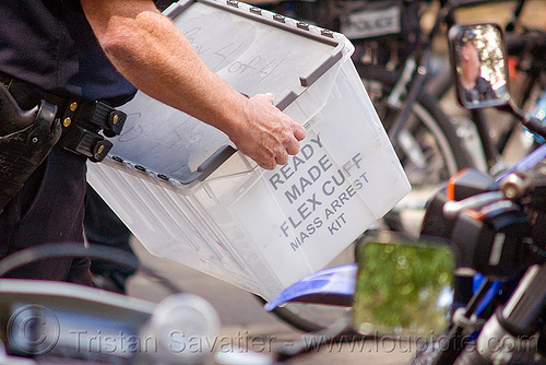 police mass arrest kit - ready-made flex cuffs, bay to breakers, box, civil unrest, crack-down, flex cuff, flex-cuffs, law enforcement, mass arrest kit, men, plastic handcuffs, police, sfpd, street party, zip-ties