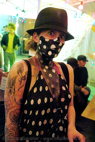 polka dots (san francisco), arm tattoo, attire, bm pre-compression, burning man outfit, costume, dress, face painting, facepaint, fashion, hat, makeup, polka dots, tattooed, tattoos, white
