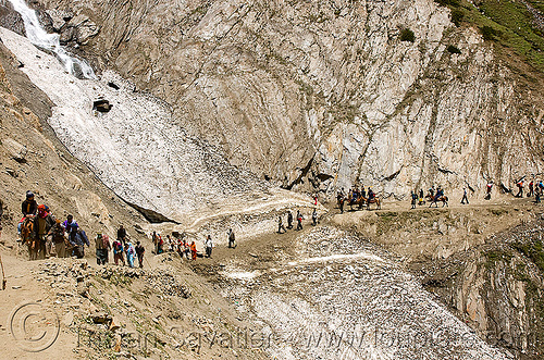 ponies and pilgrims on the trail - amarnath yatra (pilgrimage) - kashmir, amarnath yatra, glacier, hindu pilgrimage, horseback riding, horses, kashmir, kashmiris, mountain trail, mountains, pilgrims, ponies, snow