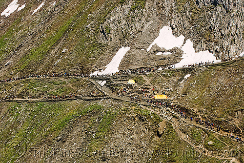 ponies and pilgrims on the trail - amarnath yatra (pilgrimage) - kashmir, amarnath yatra, hindu pilgrimage, horses, kashmir, kashmiris, mountain trail, mountains, pilgrims, ponies, snow patches